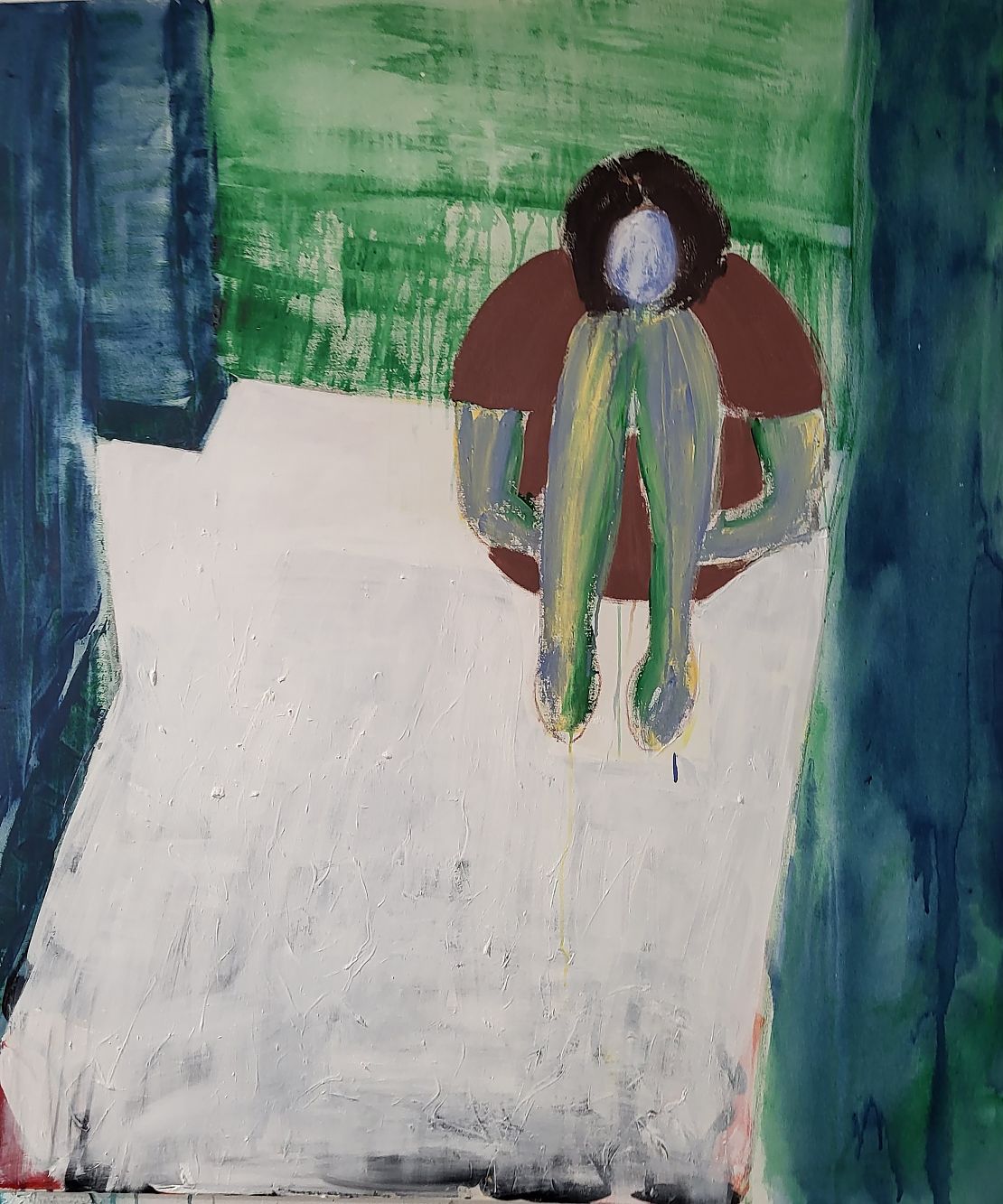 Acrylmalerei, Mädchen zusammengekauert in der Ecke eines Raumes