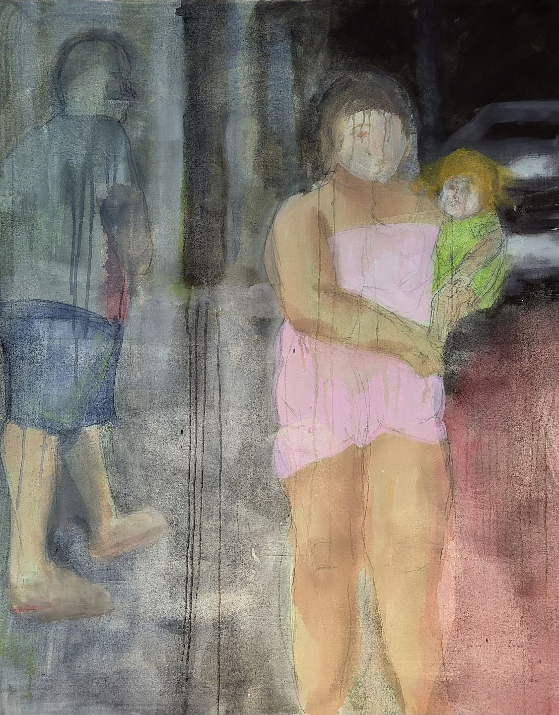 Acrylmalerei, Mädchen mit Puppe auf dem Arm wird von einem Mann beobachtet