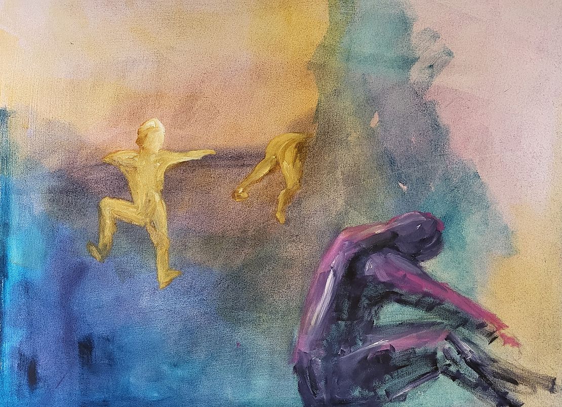 abstrakte violette und gelbe menschliche Figuren, sitzend und kletternd